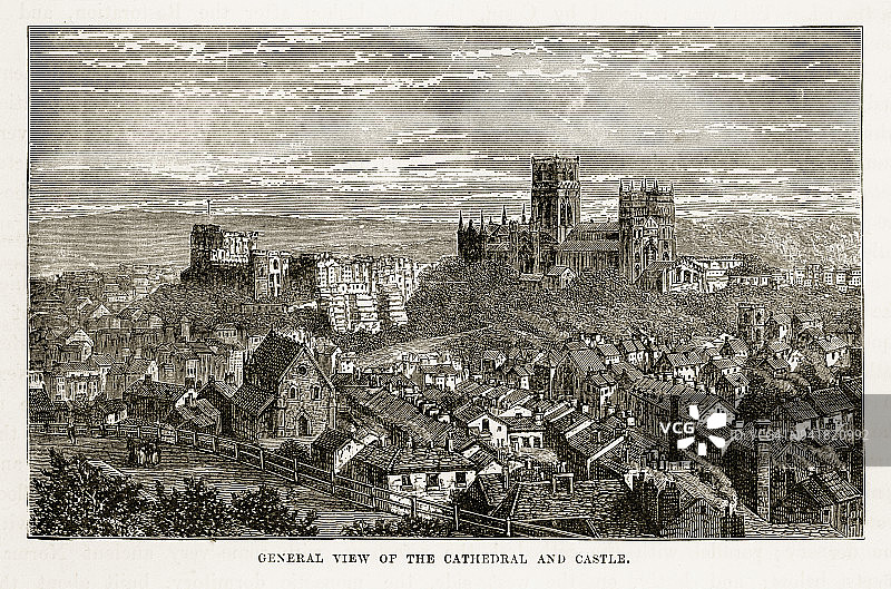 达勒姆大教堂和达勒姆城堡，英国达勒姆维多利亚版画，1840年图片素材