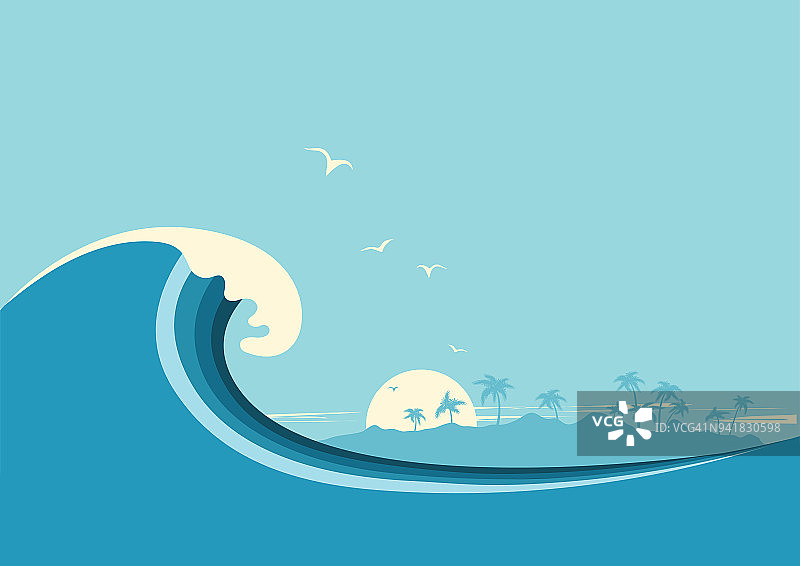 巨浪和热带岛屿。向量蓝色背景图片素材