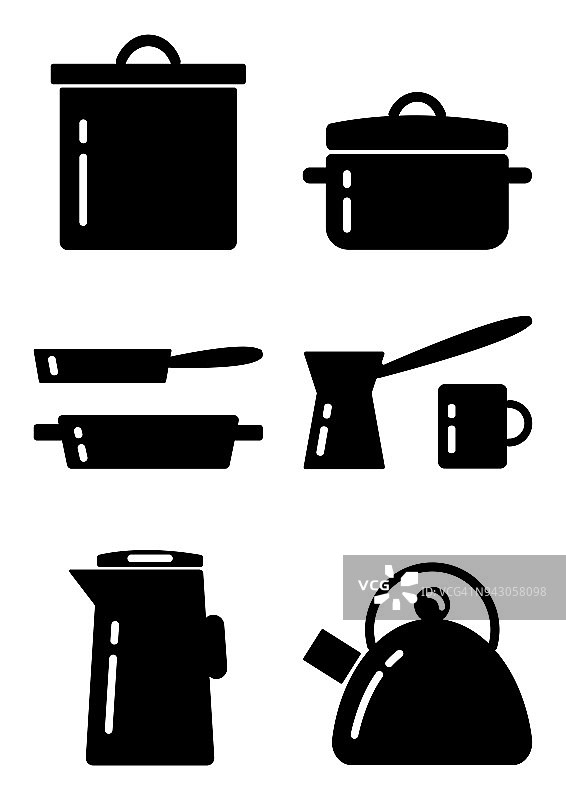 厨具平面图标设置，黑白剪影，矢量插图图片素材