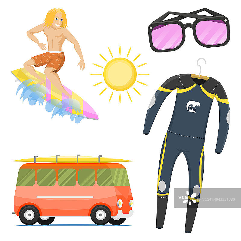 冲浪活动水上运动冲浪者夏季海滩活动男子风帆冲浪喷气水滑水冲浪板风筝冲浪矢量图图片素材