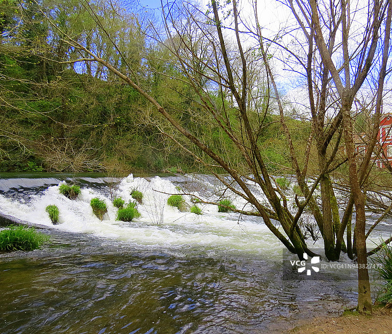 河水泛滥，在森林中形成瀑布图片素材