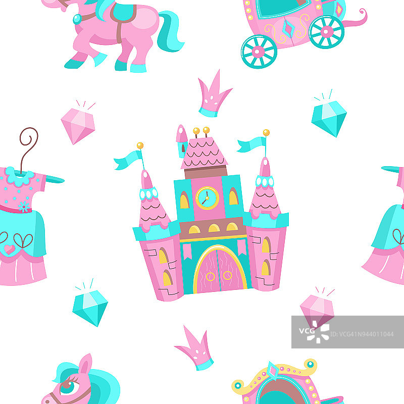 无缝美妙的图案上的白色背景。童话般的城堡，粉红色的小马，公主裙，粉红色的皇家马车，钻石，皇冠。图片素材