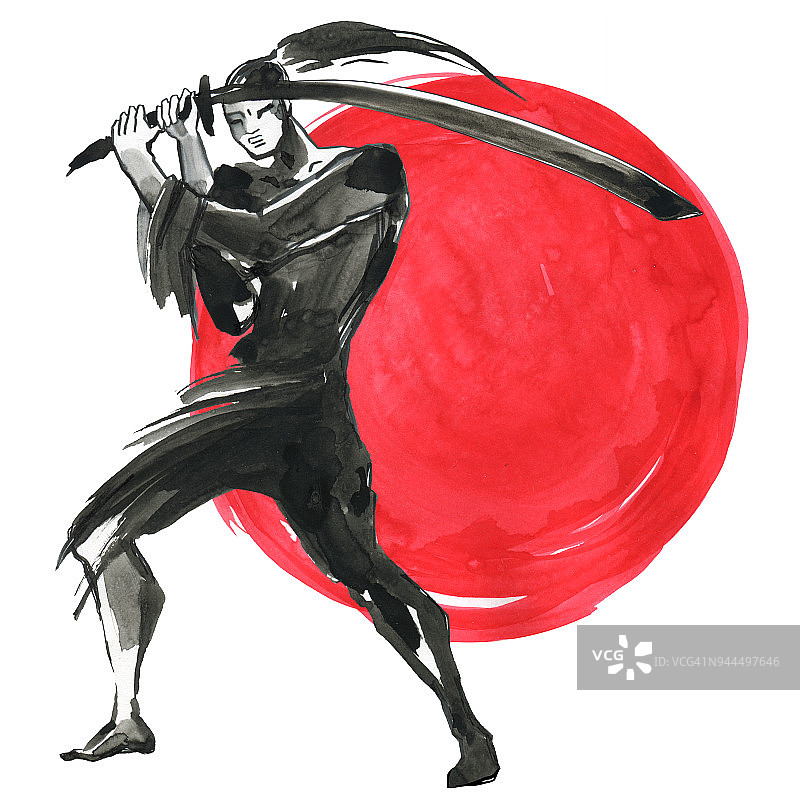 轮廓的武士。中国风格。水彩手绘插画图片素材