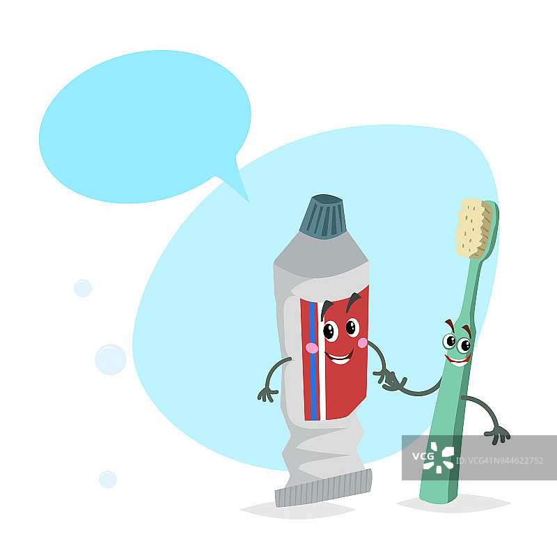 卡通牙膏管和牙刷微笑吉祥物。卫生和牙科保健字符与假语音泡。矢量插图。图片素材