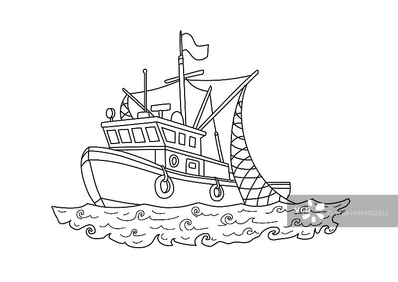 海上的渔船。轮廓矢量插图着色书，孤立在白色。图片素材