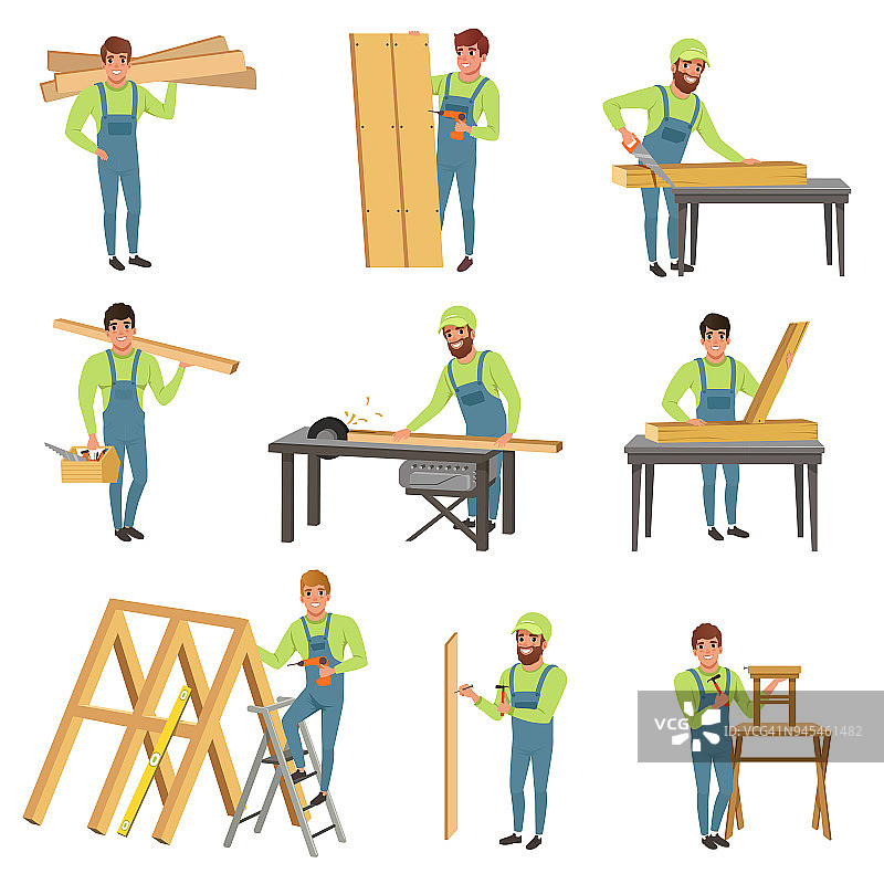 卡通的木匠角色在工作。有锯木和木工工具的人。穿着蓝色工作服的年轻人和木头一起工作。平面向量的设计图片素材
