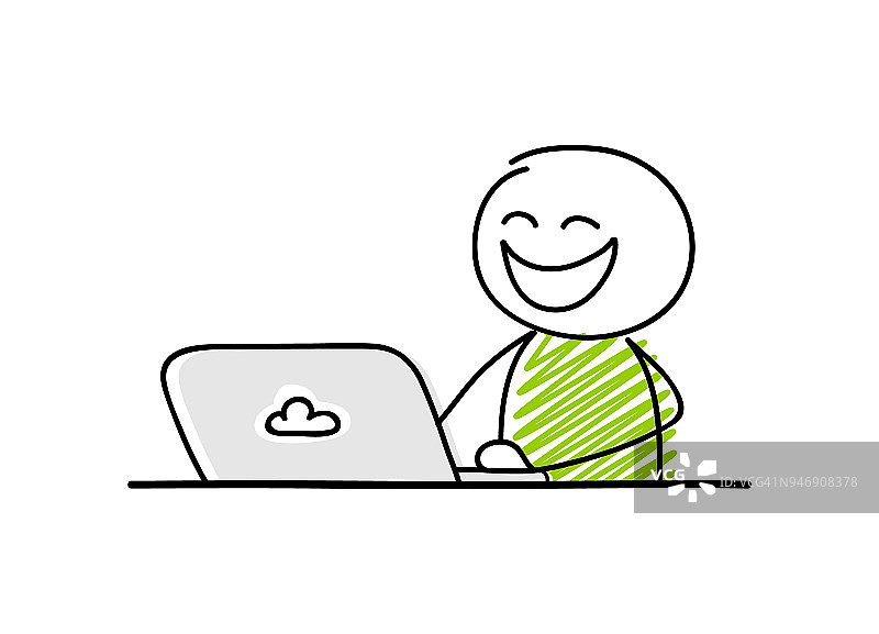 有趣的商人，卡通stickman在他的笔记本电脑上工作。兴奋的表情。向量。图片素材