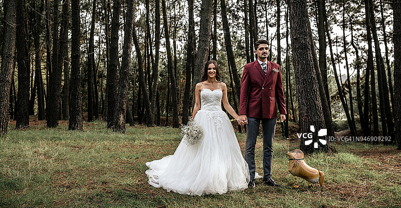 幸福的新娘和新郎站在森林里，带着有趣的狗形状的气球图片素材