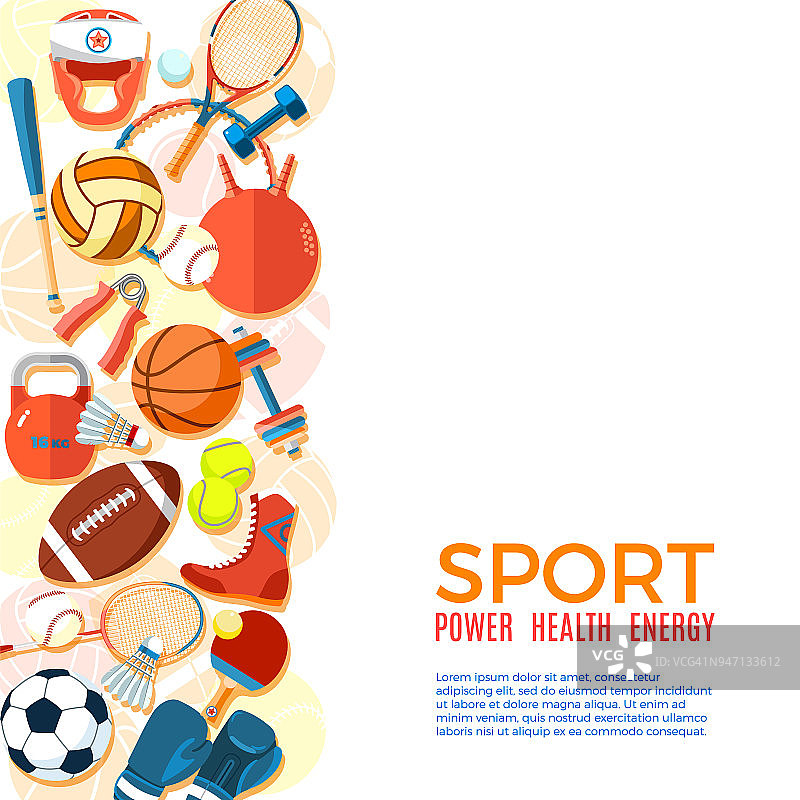 运动球及游戏器材之旗帜。背景宣传海报，广告传单，小册子或小册子，折扣横幅，销售。健康的生活方式的工具。矢量插图。图片素材