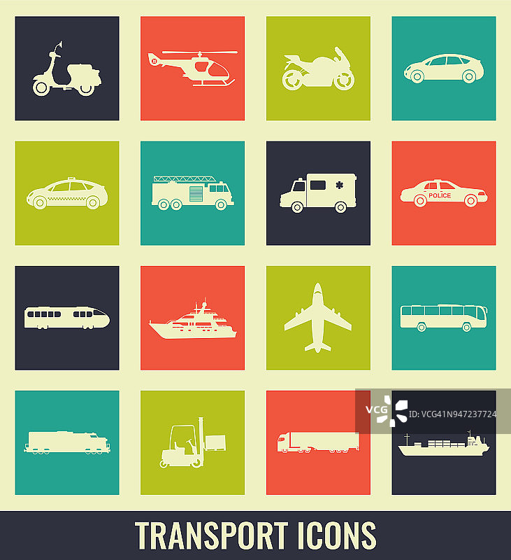 交通图标集。城市汽车和交通工具。汽车、轮船、飞机、火车、摩托车、直升机。剪影。向量图片素材