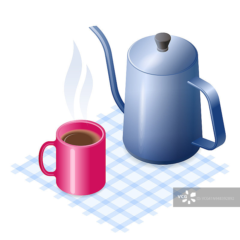 平面等距插图的陶瓷杯咖啡和咖啡壶。图片素材