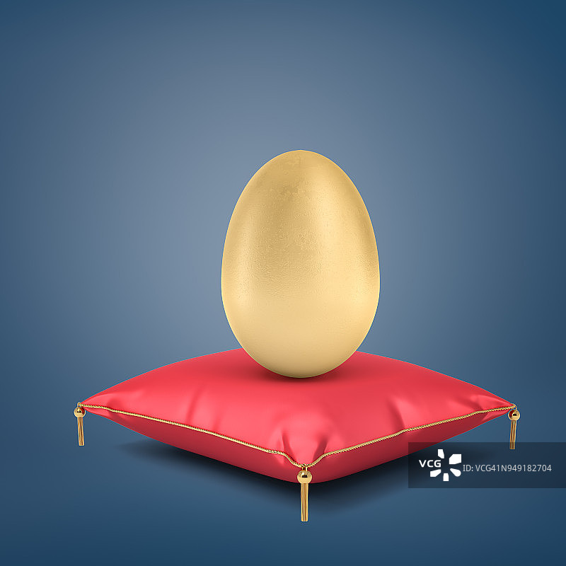 一个巨大的金蛋的3d渲染站在一个红色丝绸垫子上，金色的流苏在蓝色的背景上图片素材