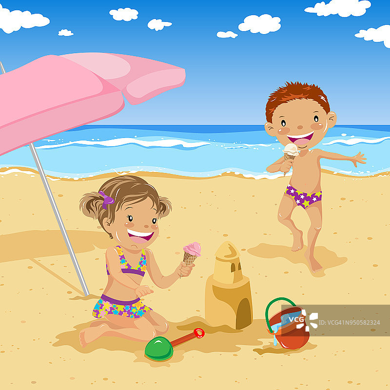 两个孩子在沙滩上玩耍图片素材