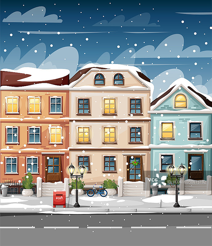 白雪覆盖的街道上有五颜六色的房子、灯、长凳、红色邮箱和花瓶中的灌木丛、卡通风格的矢量插图、网站页面和移动应用程序设计图片素材