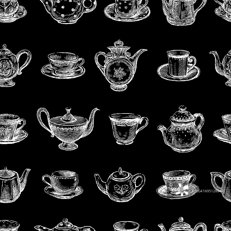 无缝的背景绘制茶杯和茶壶图片素材