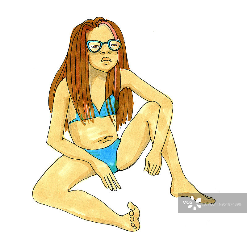 年轻美丽严肃的女孩坐在泳装。漫画风格的写实手绘。在白色背景上隔离图片素材