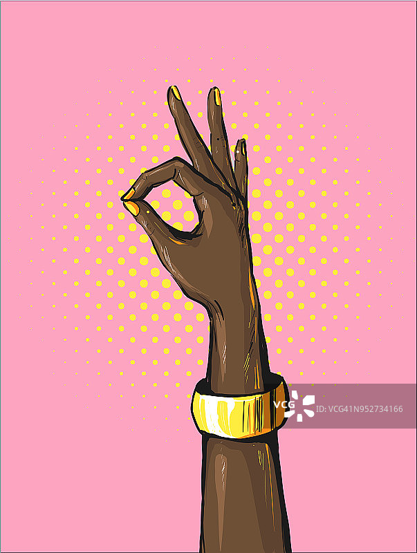 复古流行艺术非洲妇女的手显示OK标志与金色手镯明亮的漫画风格的布告栏与OK手势。矢量插图。图片素材