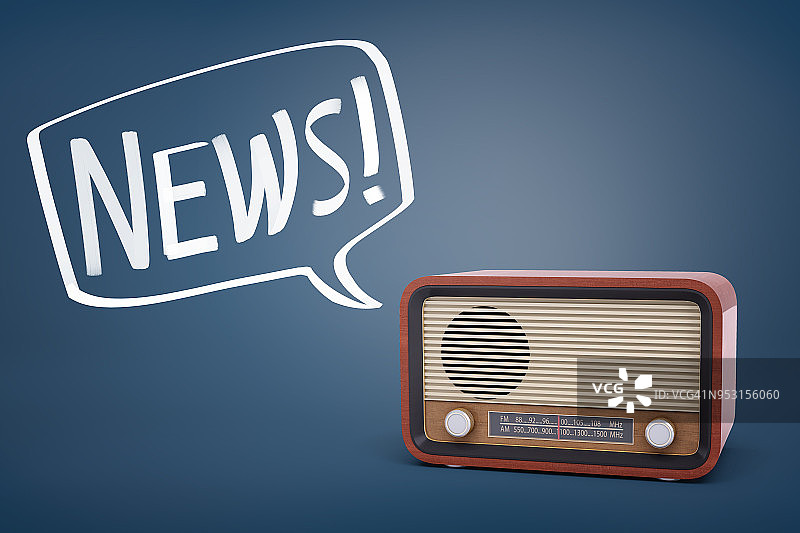 一个棕色复古收音机的3d渲染与蓝色的背景和一个语音气泡与一个词新闻里面图片素材