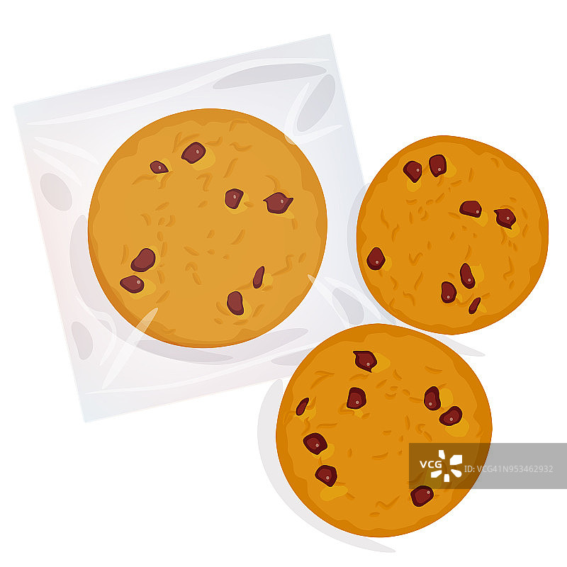 四块透明塑料包装的饼干，隔离在白色背景上。明亮的颜色。向量图片素材
