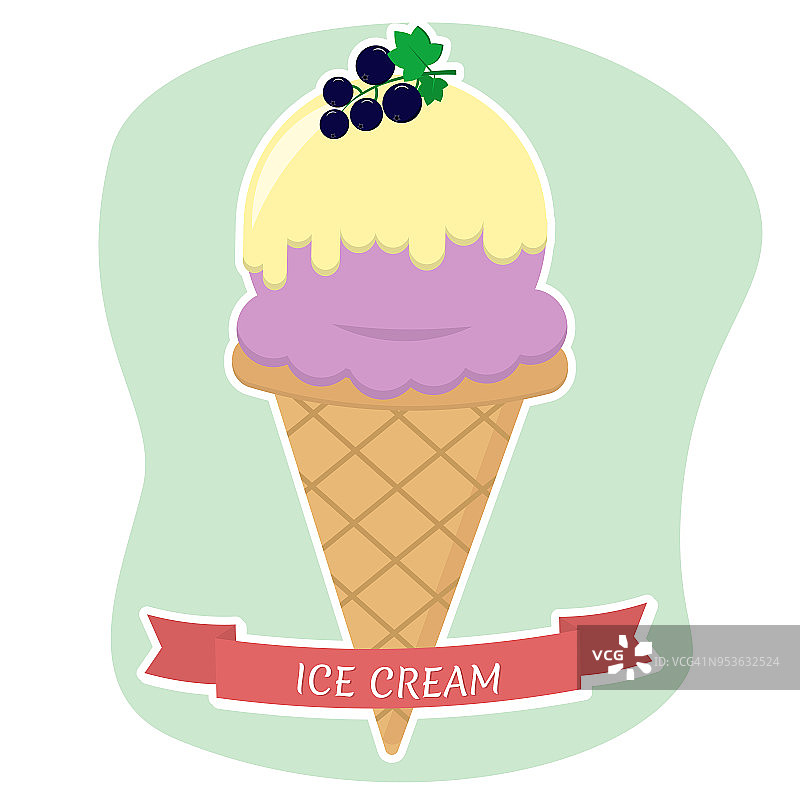 冰淇淋在华夫蛋筒扁平图标在白色描边与红丝带的背景图片素材