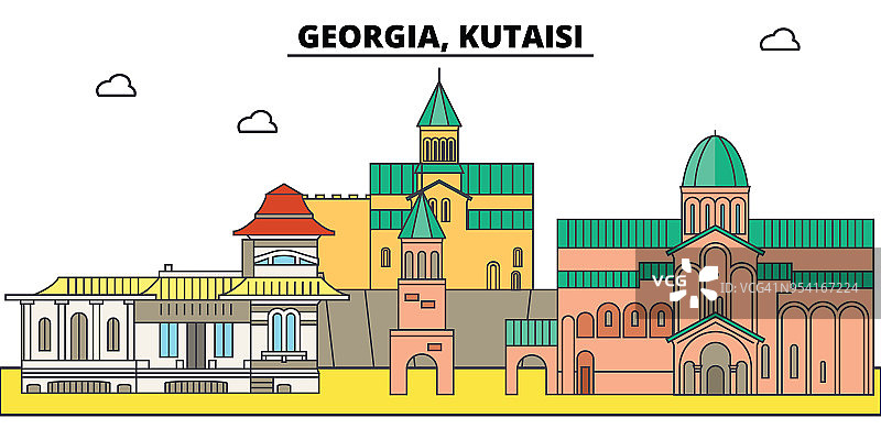格鲁吉亚,Kutaisi。城市天际线，建筑，建筑，街道，剪影，景观，全景，地标。可编辑的中风。平面设计线矢量插图概念。孤立的图标图片素材