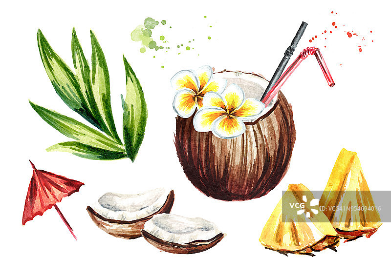 菠萝朗姆酒鸡尾酒元素集。水彩手绘插图，孤立的白色背景图片素材