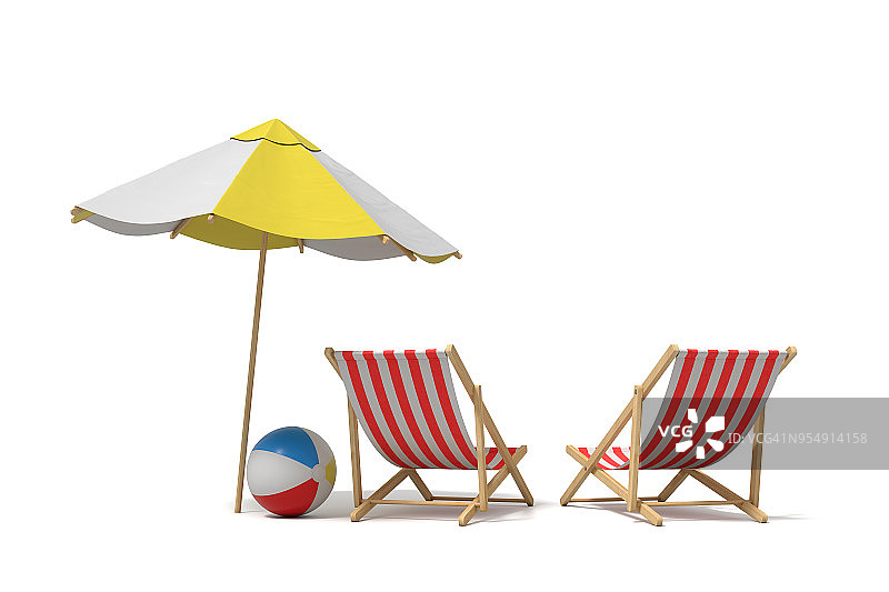 一个白色和黄色的海滩伞站在两张甲板椅子上的3d渲染图片素材