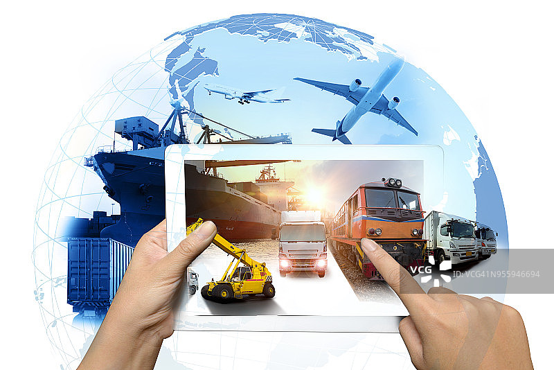 全球业务的集装箱货运列车为商业物流概念，航空货运卡车，铁路运输和海运，网上货物订单全球图片素材
