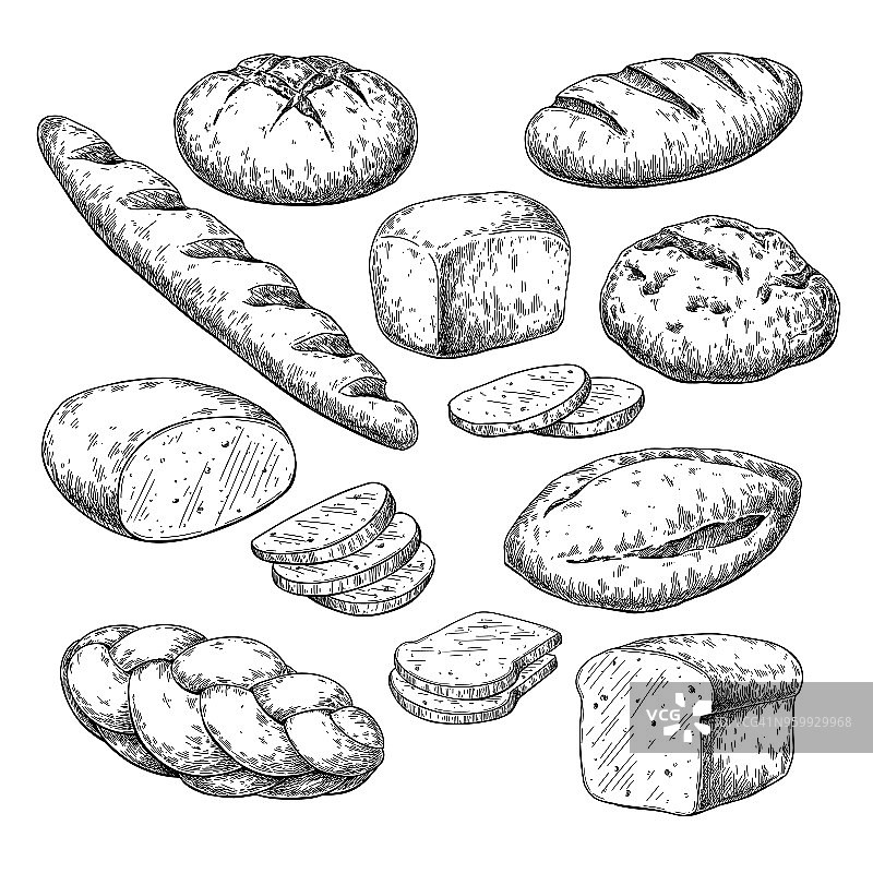 面包矢量图。面包店产品草图。的食物图片素材
