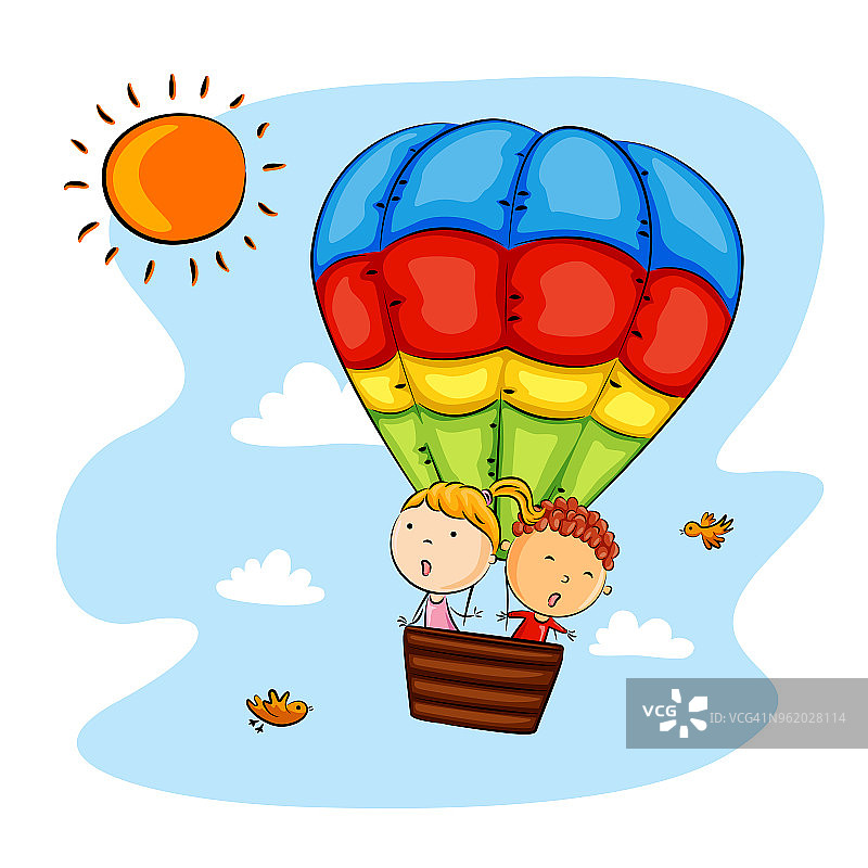 快乐的孩子们坐在热气球上图片素材