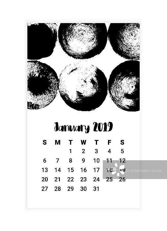 手绘日历2019年1月概念设计。矢量图图片素材