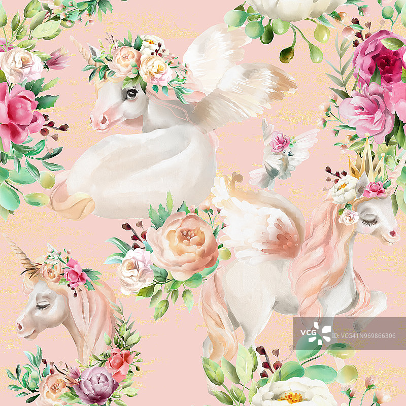 美丽，水彩独角兽公主，飞马在金色皇冠和花卉，花牡丹和玫瑰花束和鸽子在粉红色的背景无缝模式图片素材
