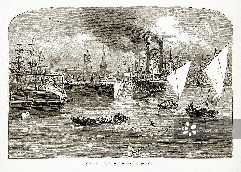 美国路易斯安那州新奥尔良的密西西比河，美国维多利亚版画，1872年图片素材