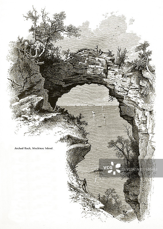 拱岩，美国密歇根州麦基诺岛，美国维多利亚版画，1872年图片素材