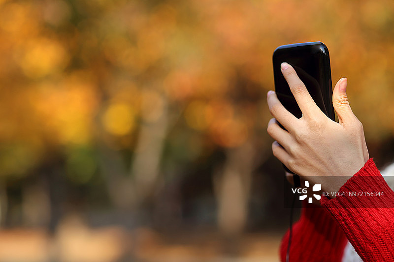 近距离的女人使用智能手机在秋季公园图片素材