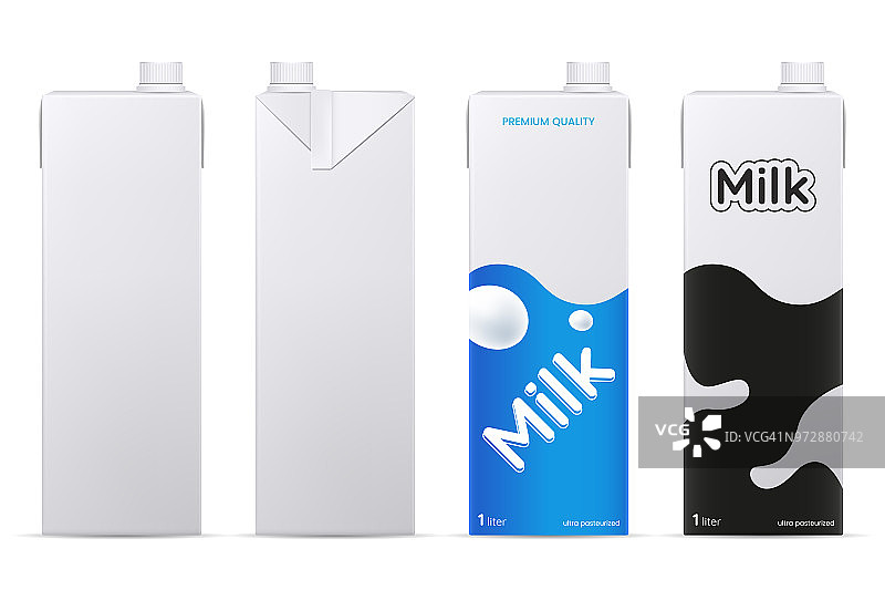 矢量牛奶包装模型孤立在白色背景。纸板牛奶或果汁盒模拟。正面和侧视图。产品品牌的元素。每股收益10。图片素材