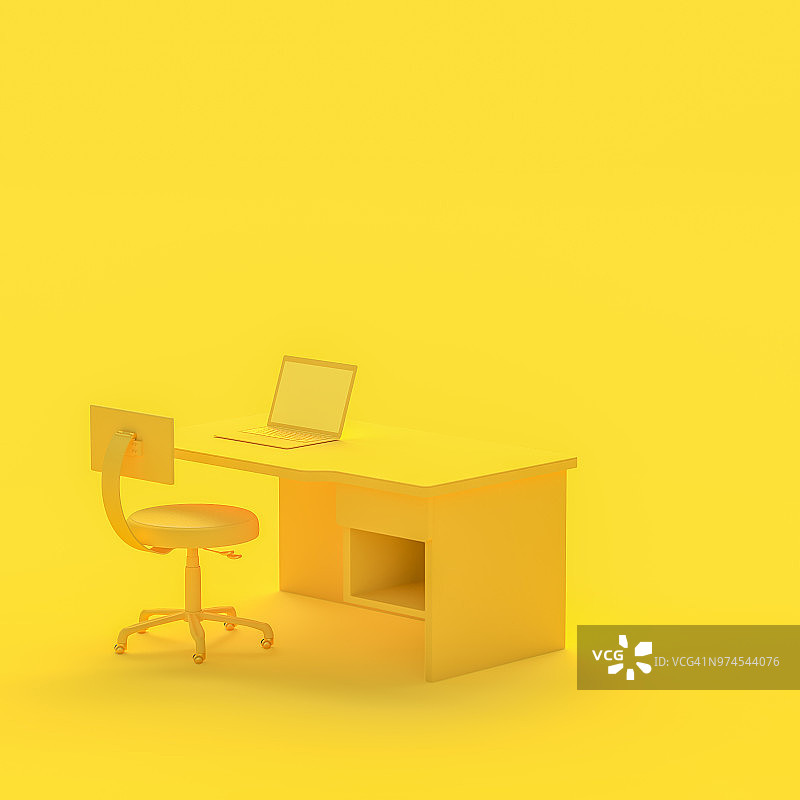 简约的概念，黄色的桌子和椅子上的笔记本电脑图片素材