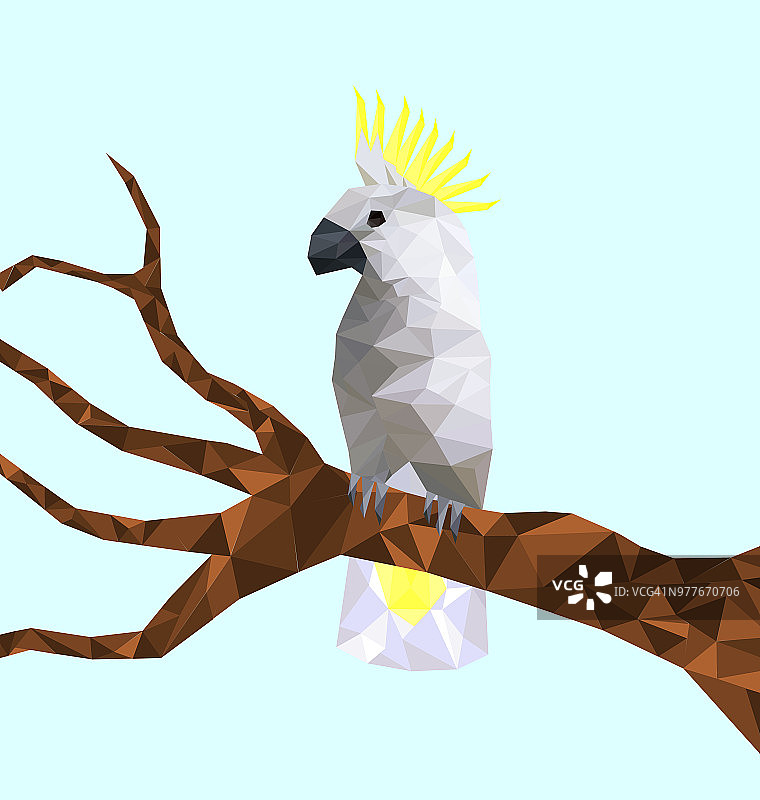 低聚彩色凤头鹦鹉鸟以树为背景，鸟在树枝上，动物的几何概念，矢量图片素材