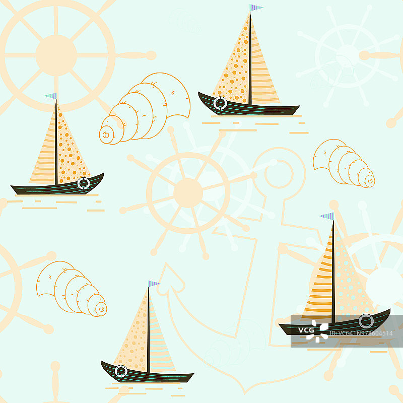 矢量无缝模式与船，锚和贝壳。海模式。设计一个以休息、度假、大海为主题的基材。图片素材
