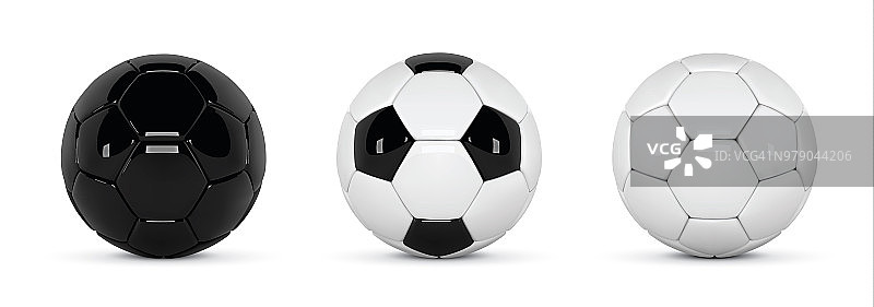 一套真实的足球或足球在白色的背景。3d风格矢量球。足球是黑白球图片素材