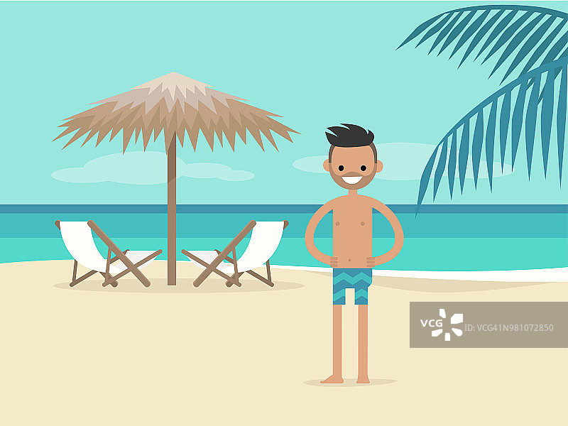 年轻的角色在度假。海滩的风景。棕榈树伞下有两张躺椅。背景。天堂。平面可编辑矢量插图，剪辑艺术图片素材