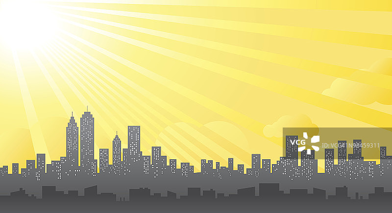 城市天际线和闪耀的太阳剪影插图图片素材