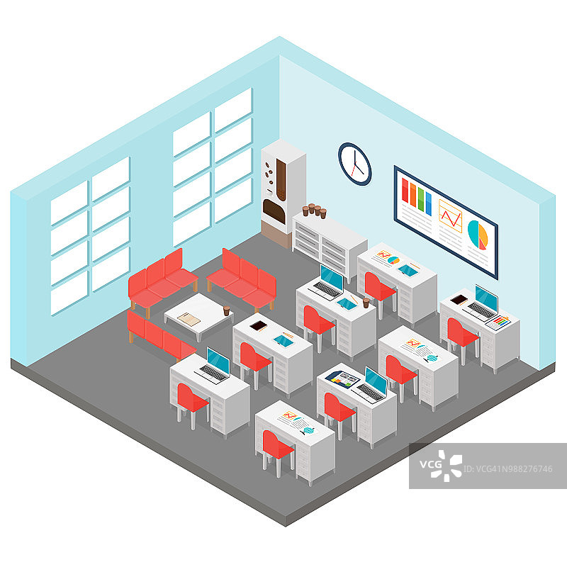 等距办公室的矢量图。包括桌子，办公椅，咖啡机，笔记本电脑在卡通平面风格。图片素材