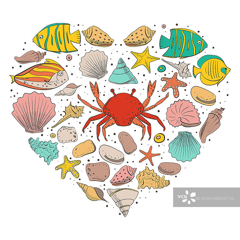 心形有贝壳、海星、鱼、石头。矢量集设计在海滩风格。彩色的珍奇贝壳和水下动物图片素材