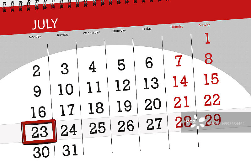 日历计划的月，截止日的一周，星期一，2018年7月23日图片素材