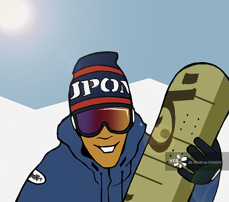 一个男人在雪地里拿着滑雪板的肖像图片素材
