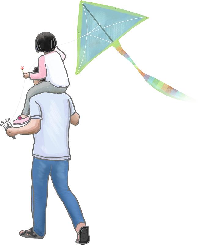 背着小女孩放风筝的父亲图片素材