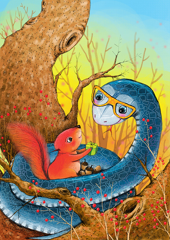 天地童趣动物插画系列-松鼠向蛇献礼下载