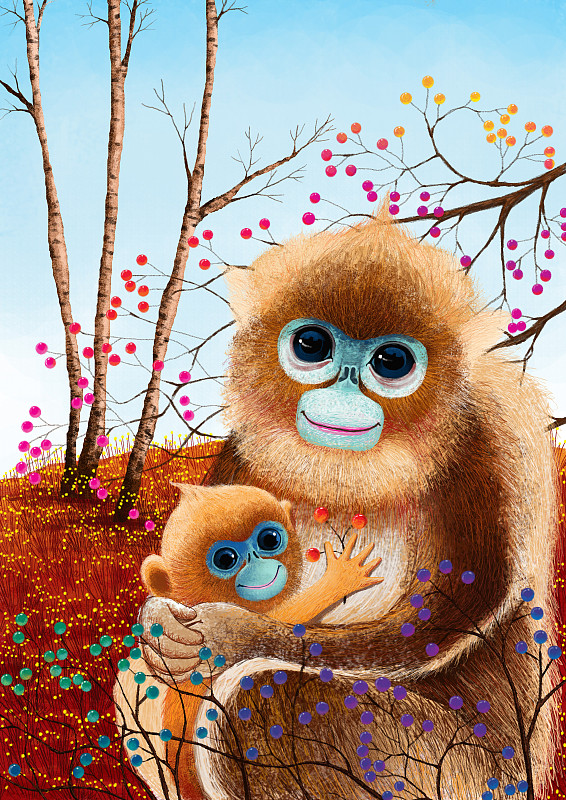 动物大世界插画系列-照顾小金丝猴的妈妈下载