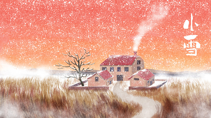小雪 枯草房屋树下雪雾气图片素材